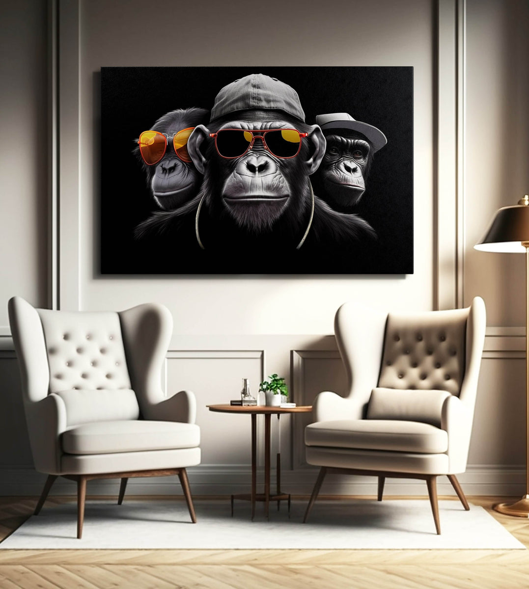 Tableau 3 Singes Sages Pop Art - Toile Encadrée Moderne 60x90cm Pour Salon