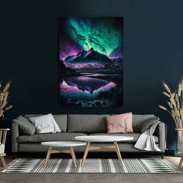 Aurora Borealis Mountain Painting 