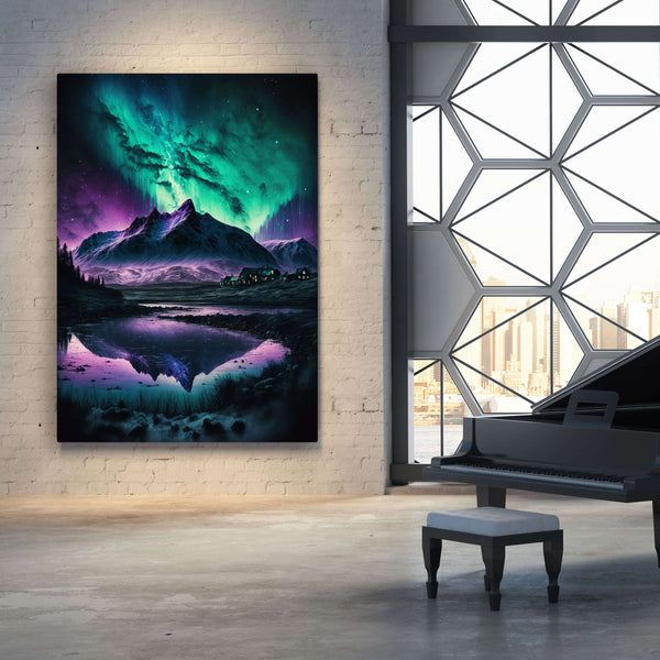 Aurora Borealis Mountain Painting 