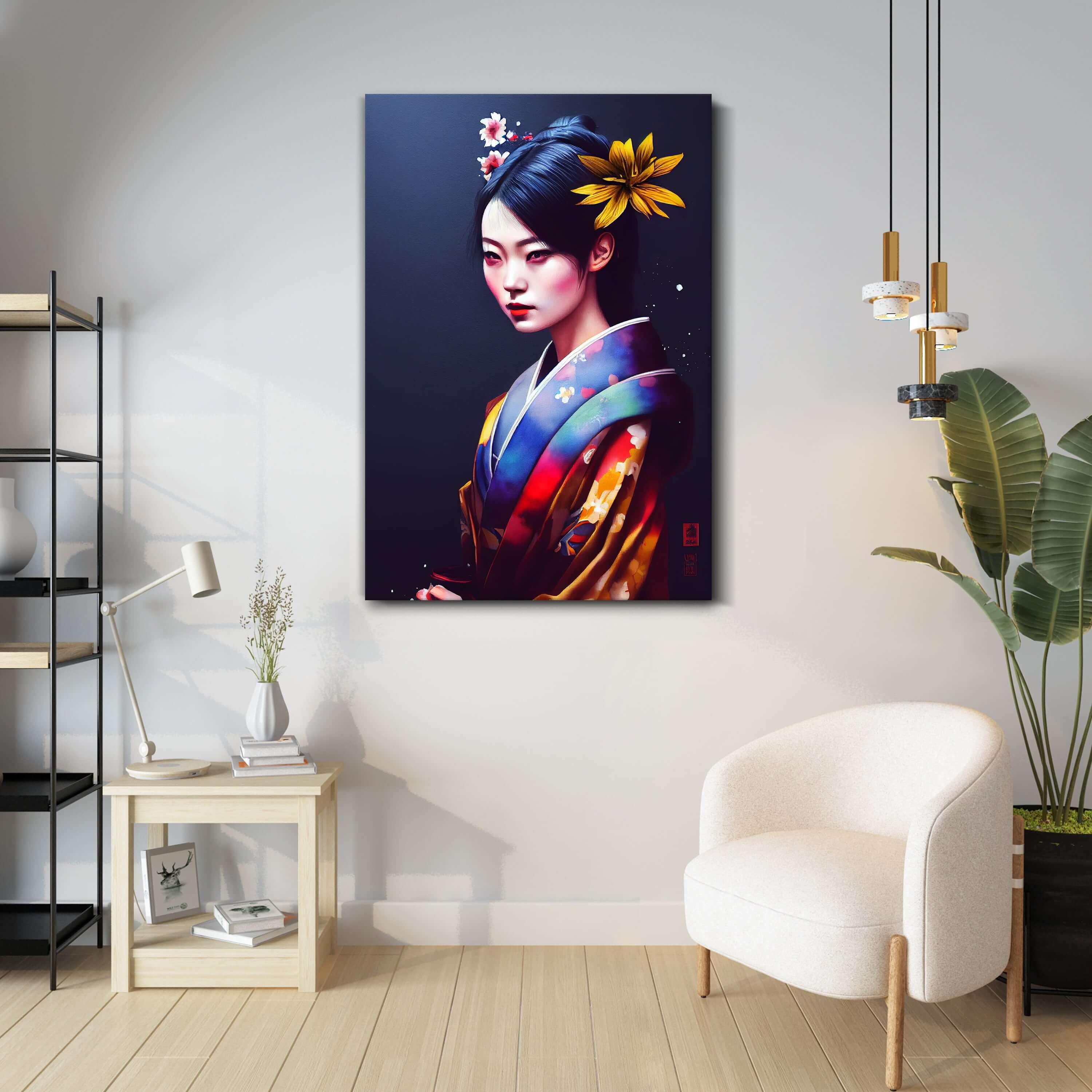 Portrait 3D Femme Geisha Orientale, Mobile Mural Textile Et Porcelaine, Yeux En Verre